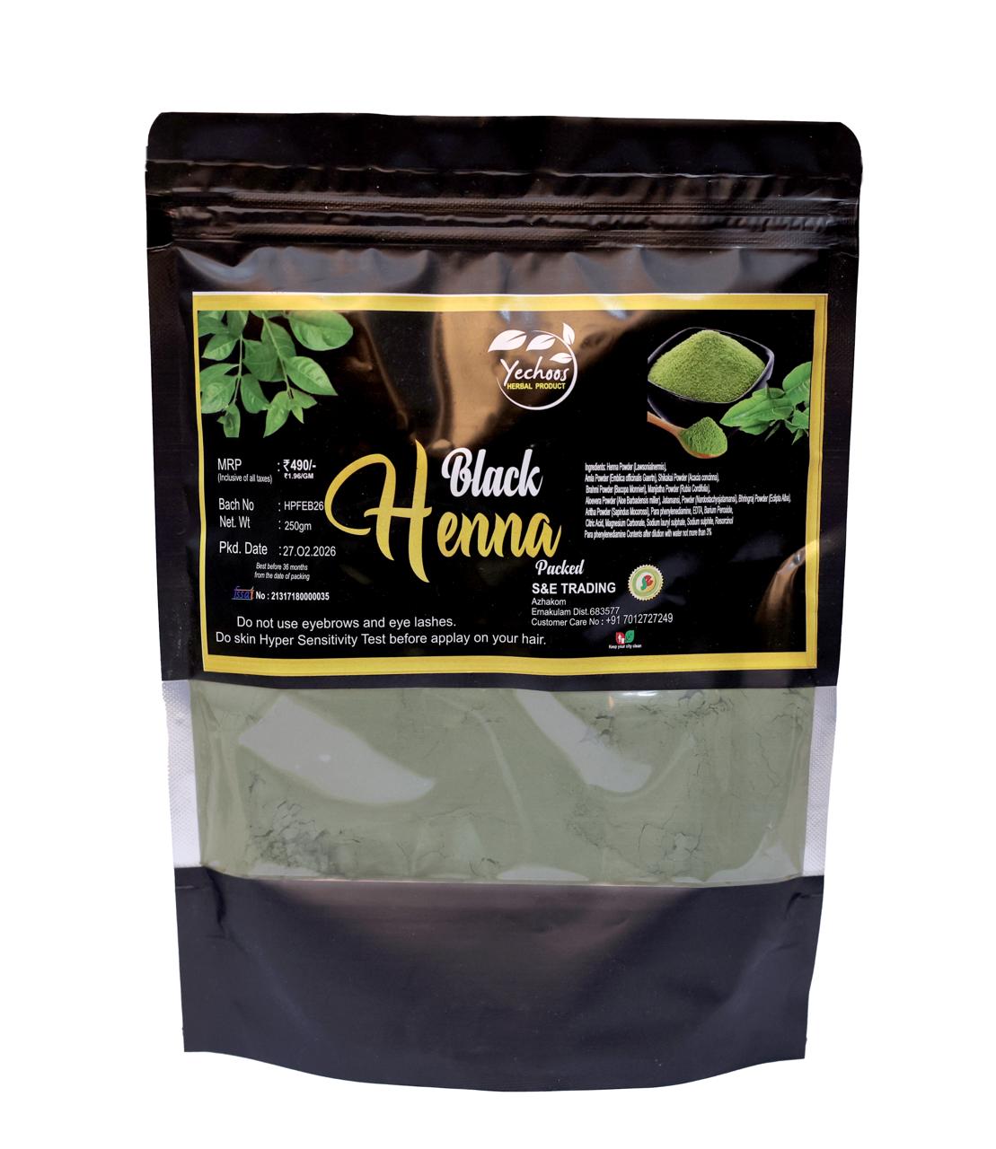 Bag of black henna powder with visible branding on a white background
