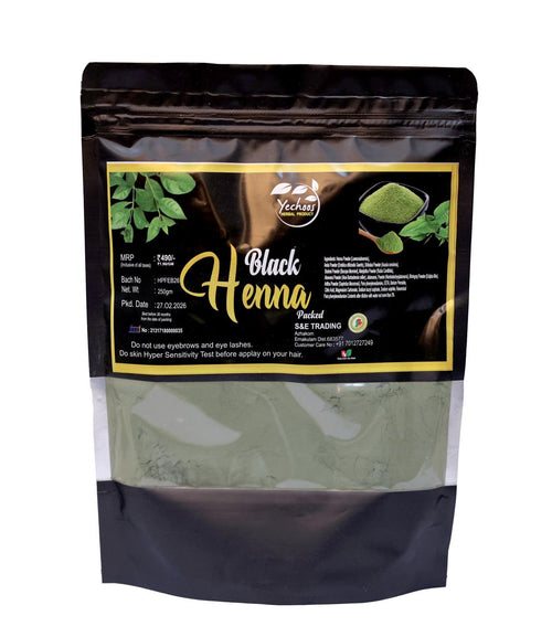 Bag of black henna powder with visible branding on a white background