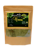 Package of Natural Yehia Henna powder with visible green henna powder inside.