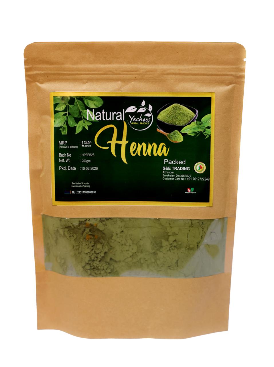 Package of Natural Yehia Henna powder with visible green henna powder inside.